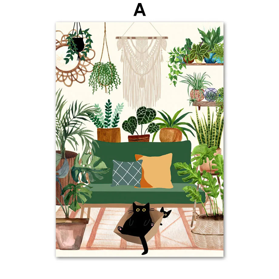 Abstract Green Plants Black Cat Wall Art Canvas Painting Aesthetics Posters And Prints Wall Pictures For Boho Living Room Decor