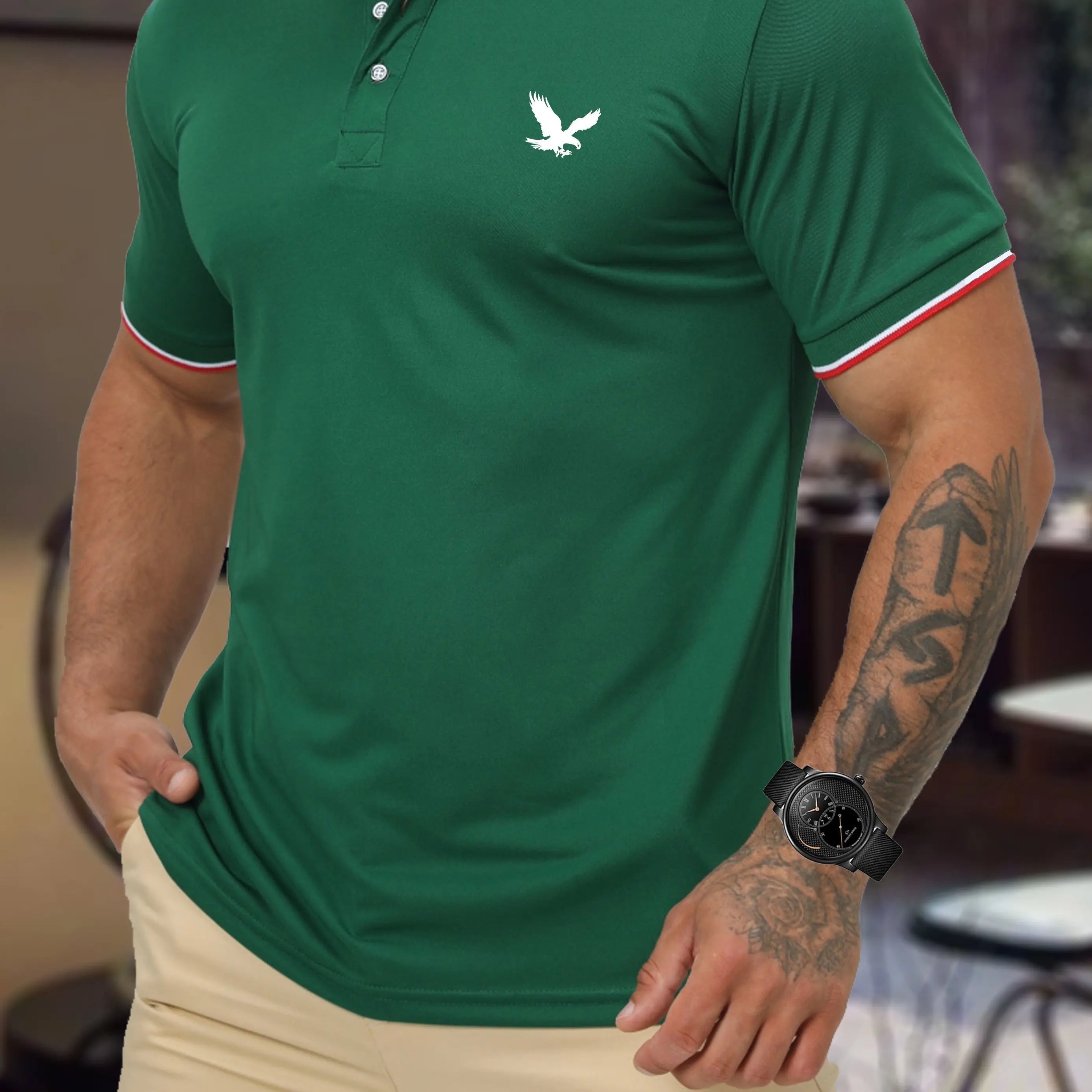Men's Summer 100 Cotton Eagle Pattern Print Loose Large Casual Polo Collar Short Sleeve POLO Shirt Top
