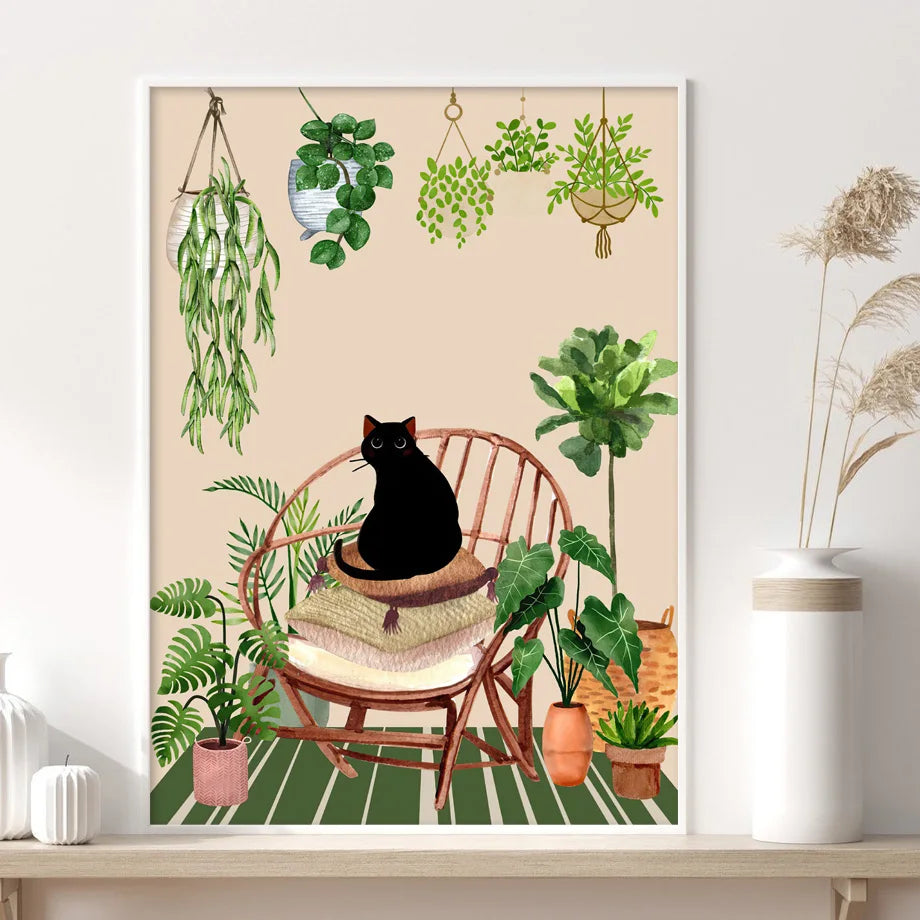 Abstract Green Plants Black Cat Wall Art Canvas Painting Aesthetics Posters And Prints Wall Pictures For Boho Living Room Decor