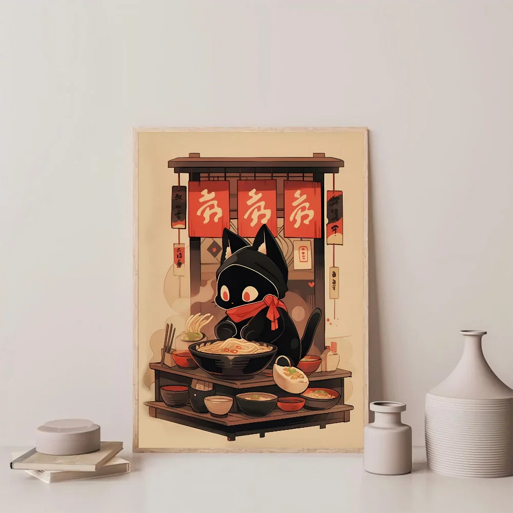 1pc Hot Style Kawaii Japanese Ramen Animal Cat Poster HD Posters Home Room Bar Cafe Decor Art Wall Painting Picture