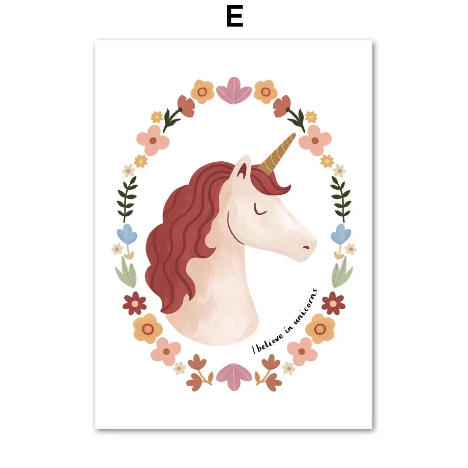 Adorable Alphabet Numbers Unicorn Horse Fruits Flowers Cartoon Wall Art Canvas Painting Prints Baby Kids Room Decor
