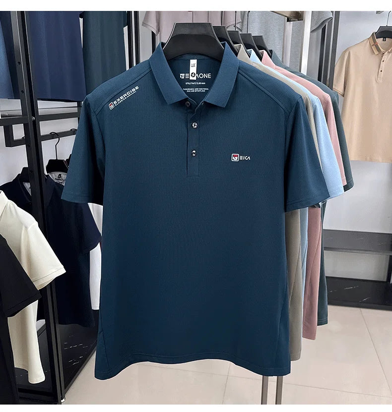 Luxury fashion men's short sleeve polo shirt summer new trend brand symbol embossed silky smooth loose breathable lapel T-shirt
