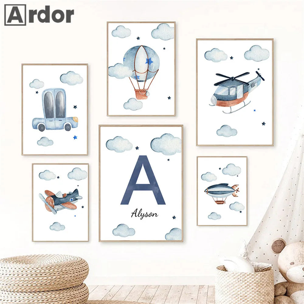 Hot Air Balloon Canvas Poster Custom Name Art Painting Blue Helicopter Plane Print Pictures Nursery Wall Posters Kids Room Decor