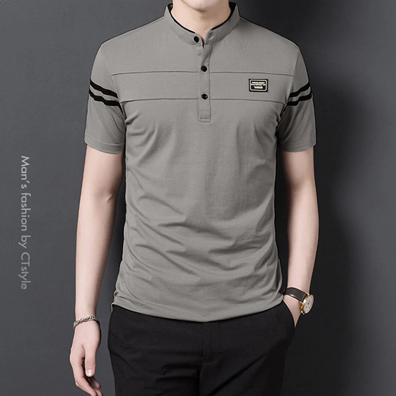 2025 Men's Casual Fashion Solid Color Short Sleeved Polo Shirt Stand Up Collar Versatile Comfortable Top
