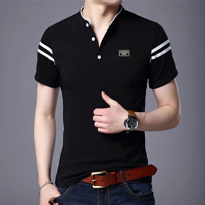 2025 Men's Casual Fashion Solid Color Short Sleeved Polo Shirt Stand Up Collar Versatile Comfortable Top