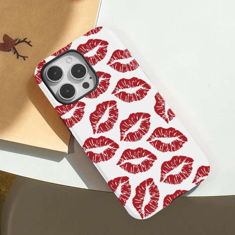 Acrylic TPU Two in one Magnetic Case For iPhone 16 Pro Max 15 Plus 14 13 12 Pro 11 Sexy Girly Red Kiss Pattern Cover