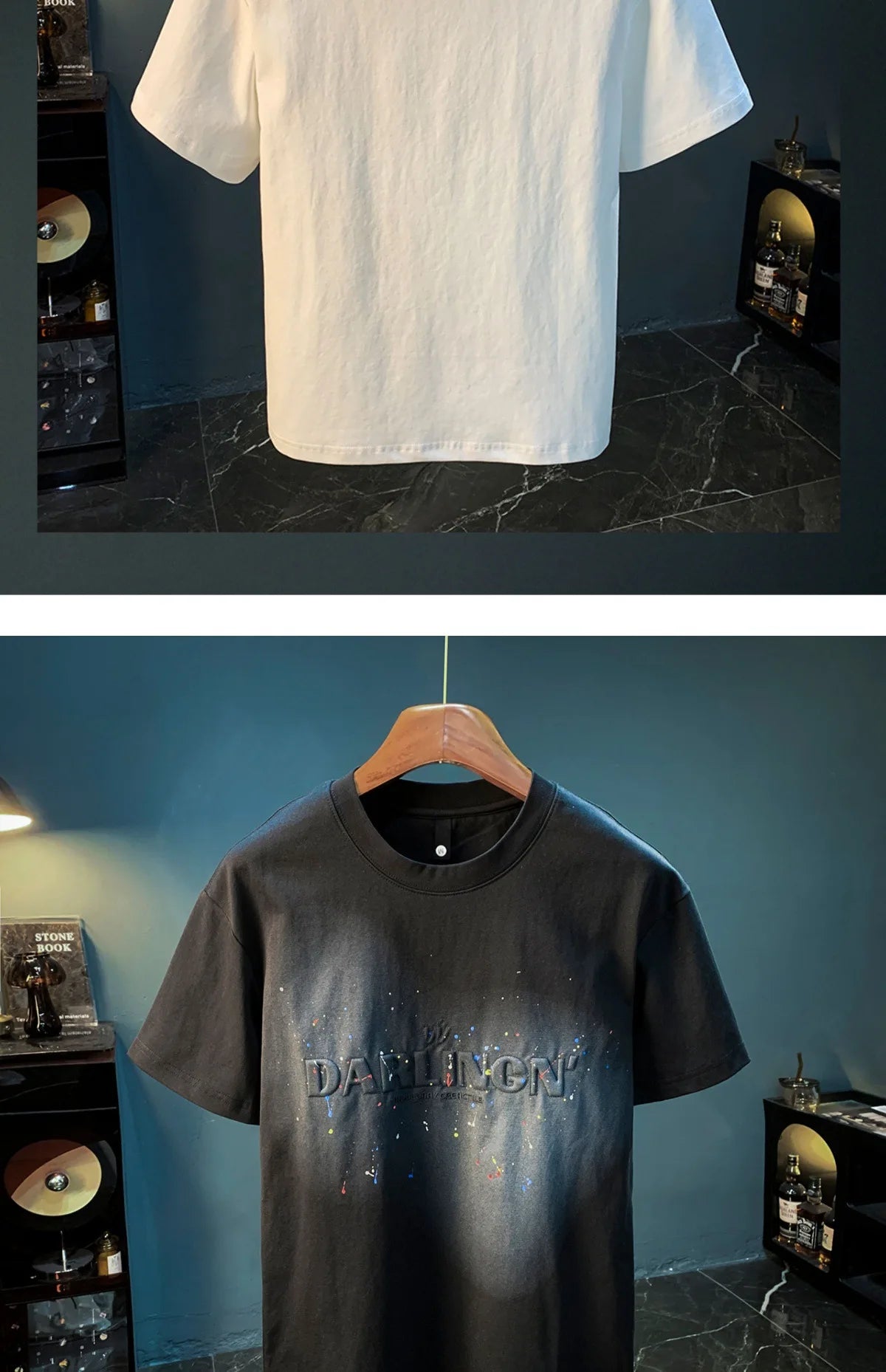2025 Summer thin fashion high-end printed T-shirt men's 2025 trend embroidered paint splashed short sleeved top