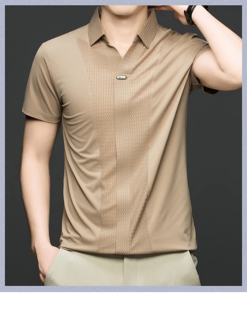 Personality jacquard splicing short sleeve Polo shirt men ice silk breathable high quality fashionable buttonless V-neck T-shirt
