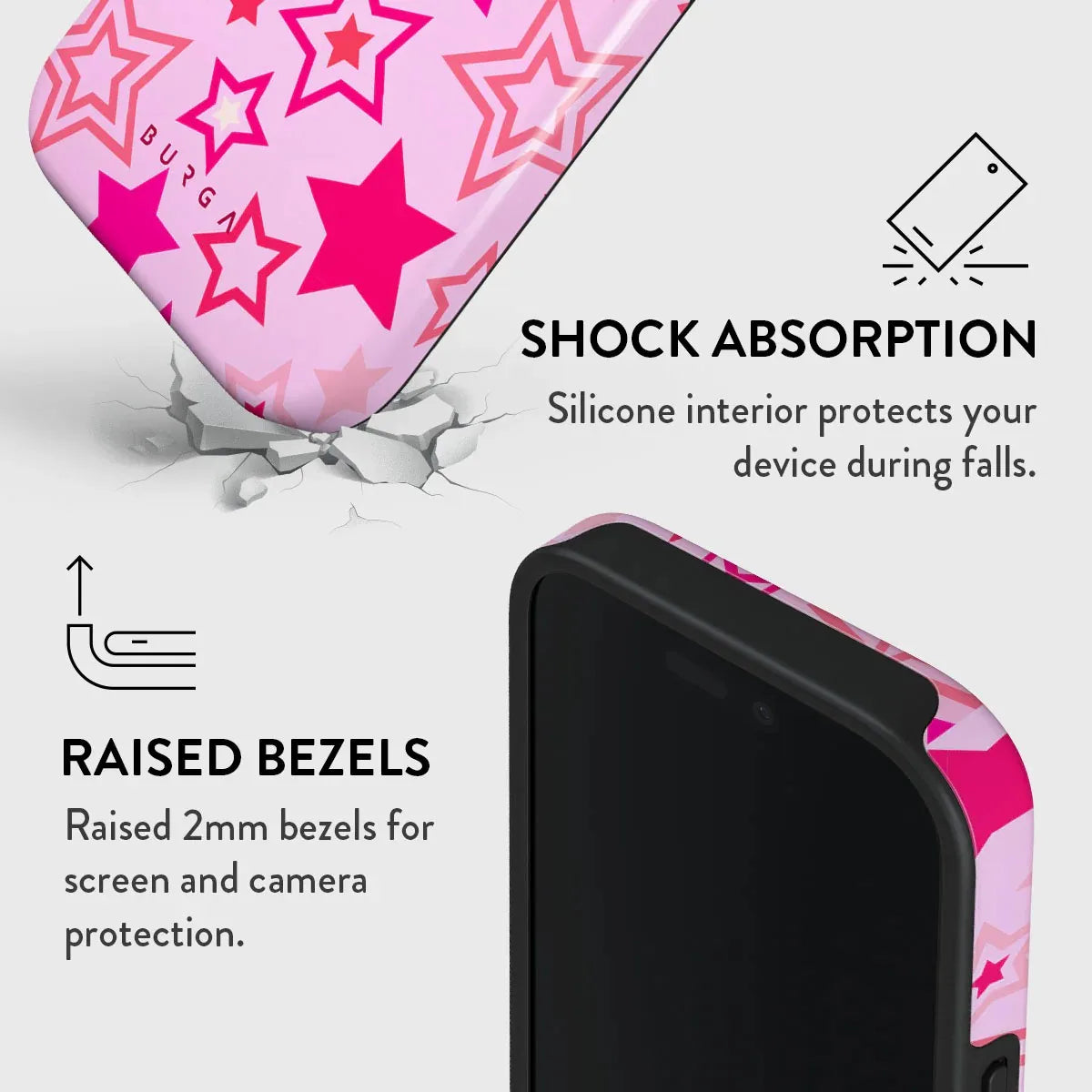 Pink Full Screen Stars BURGA Phone Case for iPhone 16 15 14 13 12 11 X XS XR XSMAX 7 8 Pro Max Plus Double-layer Back Cover