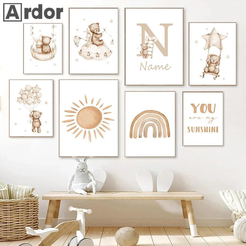 Custom Name Nursery Poster Bear Hot Air Balloon Wall Art Prints Boho Rainbow Sun Canvas Painting Pictures Baby Kids Room Dear
