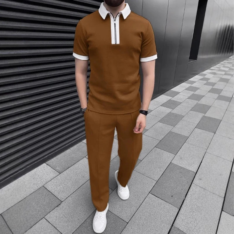 Daily Casual Mens Short Sleeve Outfits Spring Summer Leisure Zipper Lapel Polo Shirt And Pants Two Piece Sets Men Vintage Suits