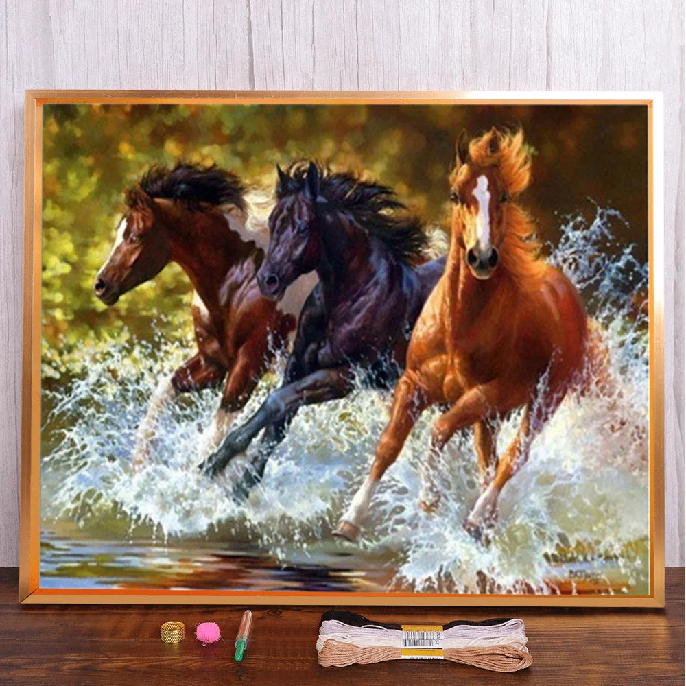 Animal Horse Printed Cross Stitch DIY Embroidery Set DMC Threads Needlework Sewing Handiwork Handicraft Floss Needle Room Decor