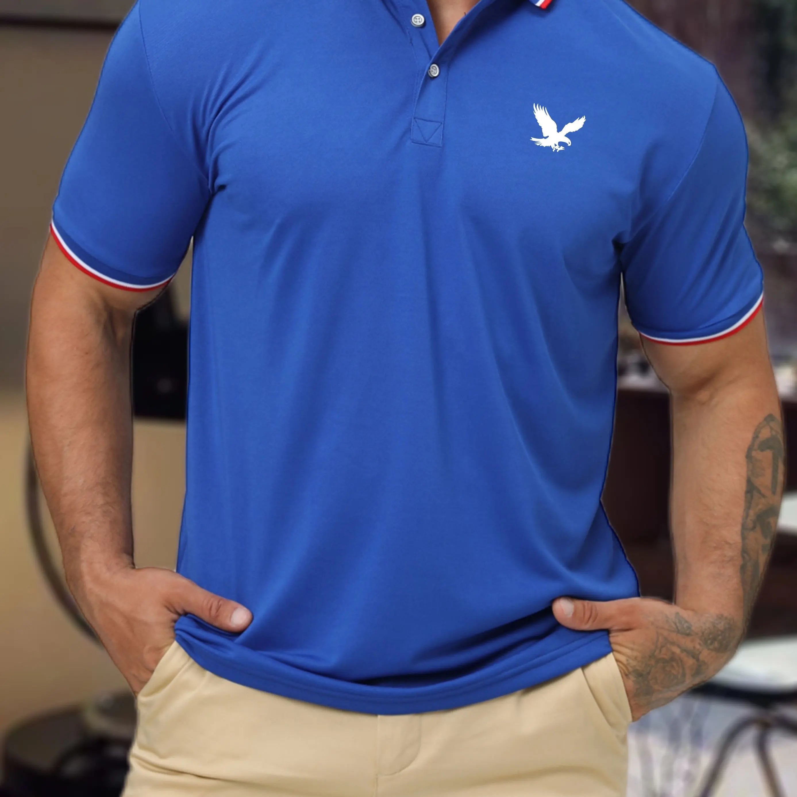 Men's Summer 100 Cotton Eagle Pattern Print Loose Large Casual Polo Collar Short Sleeve POLO Shirt Top