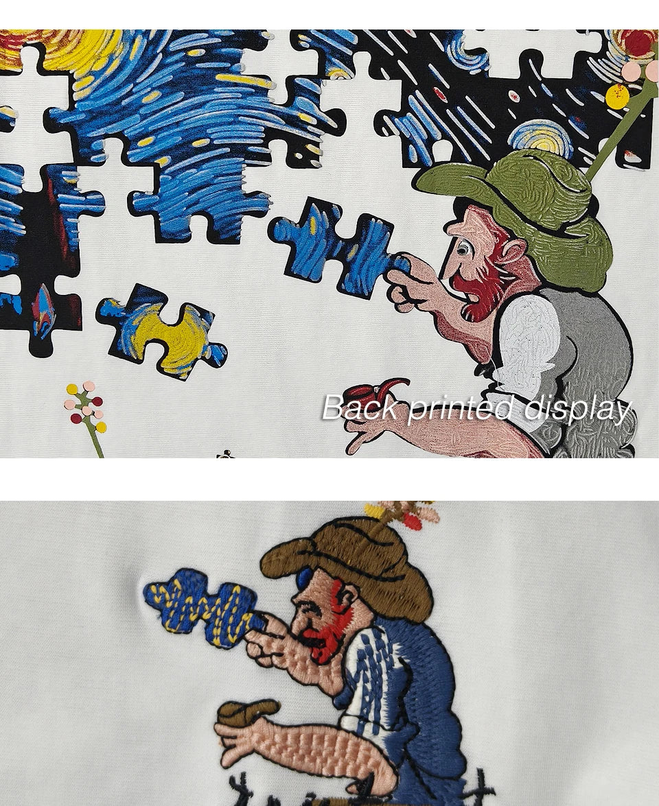 Embroidered short sleeved T-shirt Men's 2025 New Summer trend Jigsaw print loose Tee Casual versatile tops clothing