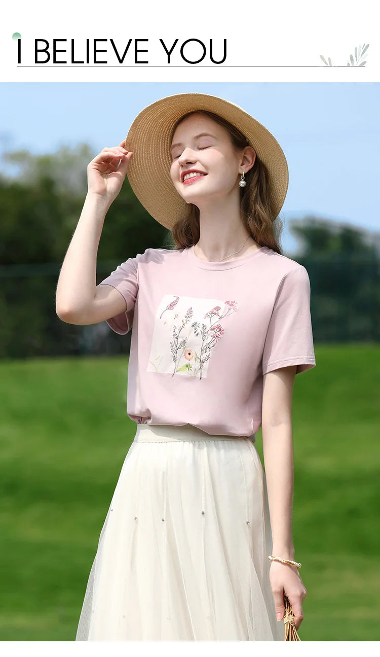 I BELIEVE YOU Women's Pink Top Heat Transfer Pattern Embroidery Round Neck Short Sleeve New Style Summer Chic T-Shirt 2252016049