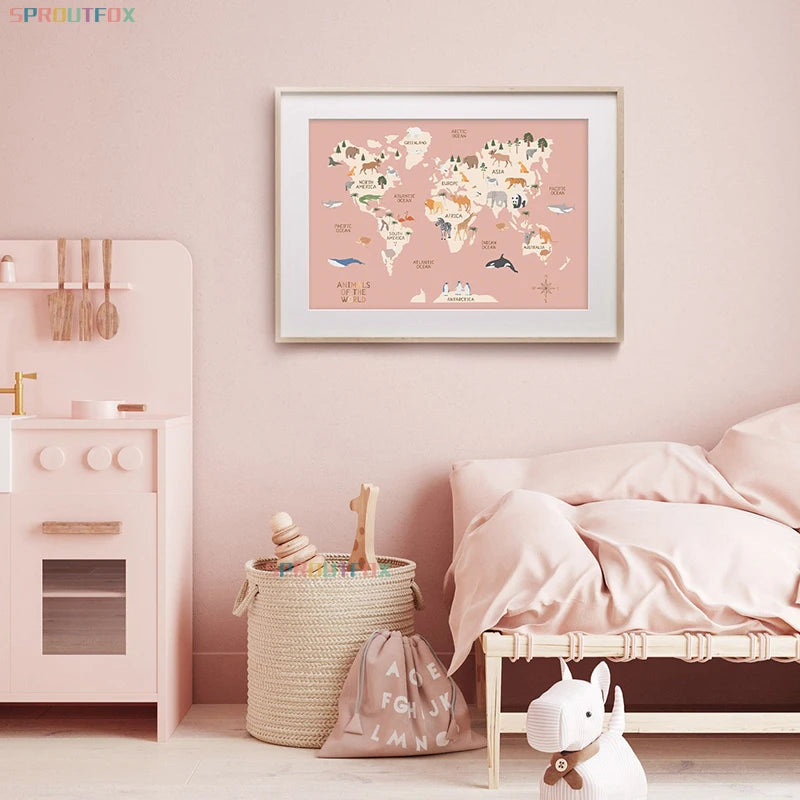 World Map Canvas Painting Pastel Animal Theme Educational Wall Art Nordic Posters and Prints Pictures for Kids Room Decoration