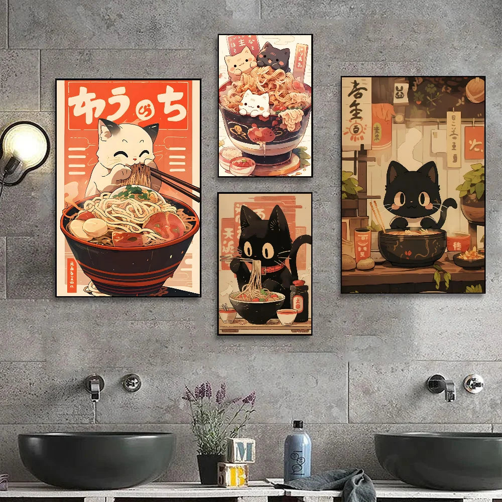 1pc Hot Style Kawaii Japanese Ramen Animal Cat Poster HD Posters Home Room Bar Cafe Decor Art Wall Painting Picture