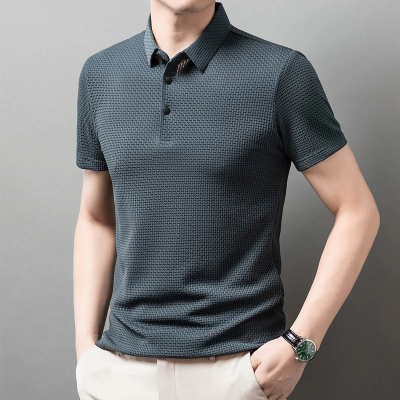 2025 Men's Business Casual Short Sleeved Bone Flower Solid Color POLO Shirt Fashion Breathable Comfortable Summer Versatile Top