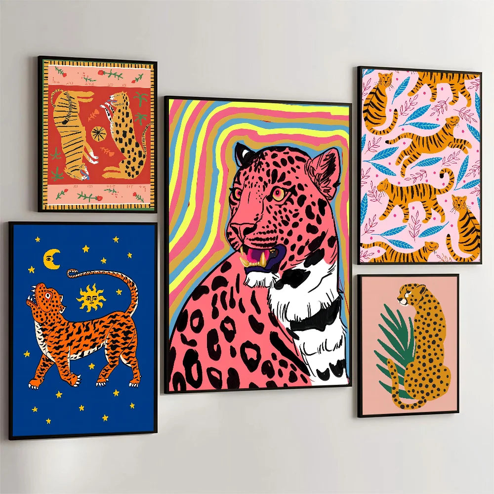 Wild Leopard Tiger Vase Flower Girl Power Poster Self-adhesive Art Waterproof Paper Sticker Coffee House Bar Room Wall Decor