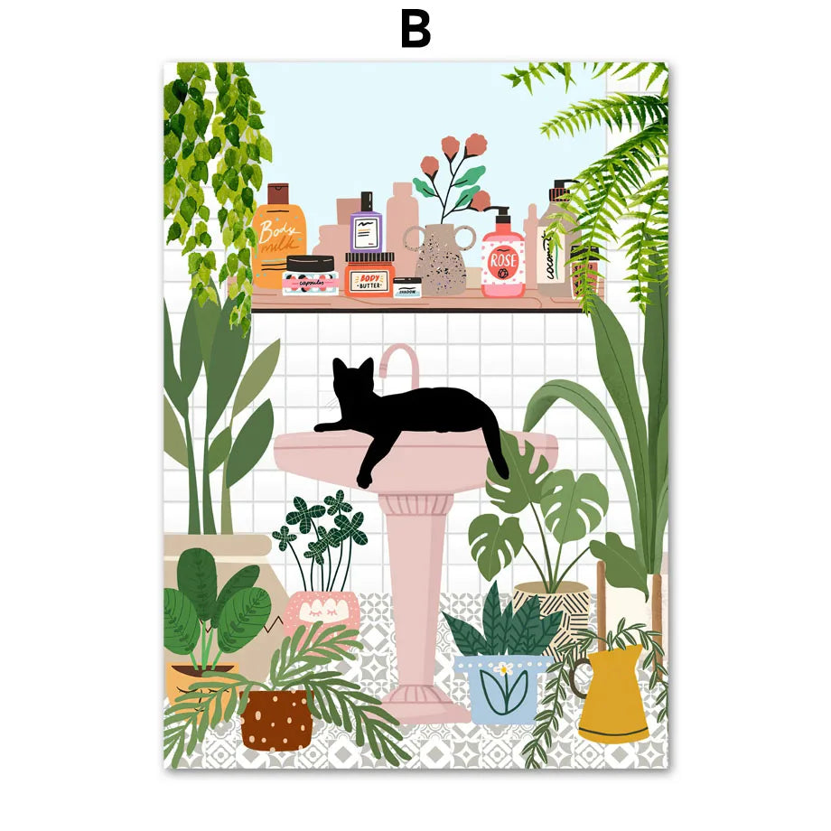 Abstract Green Plants Black Cat Wall Art Canvas Painting Aesthetics Posters And Prints Wall Pictures For Boho Living Room Decor