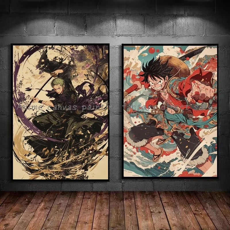Anime One Piece Luffy Zoro Retro Poster Cafe Bar Fashion Home Wall Art Decorative Wall Painting Printed Canvas Painting