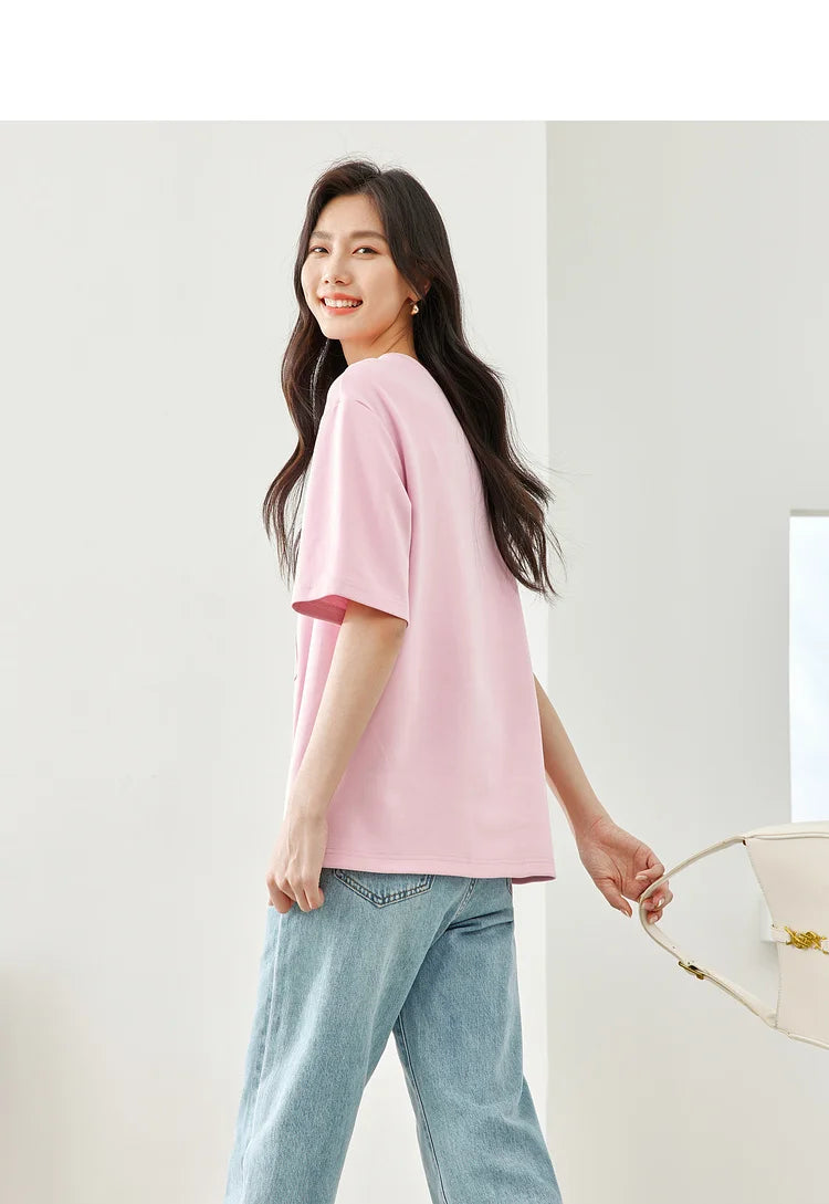 Vimly Summer Short Sleeve Women's T-shirt Simple Round Neck Straight Loose Casual Embroidery Cotton Top Basic Tees M5617