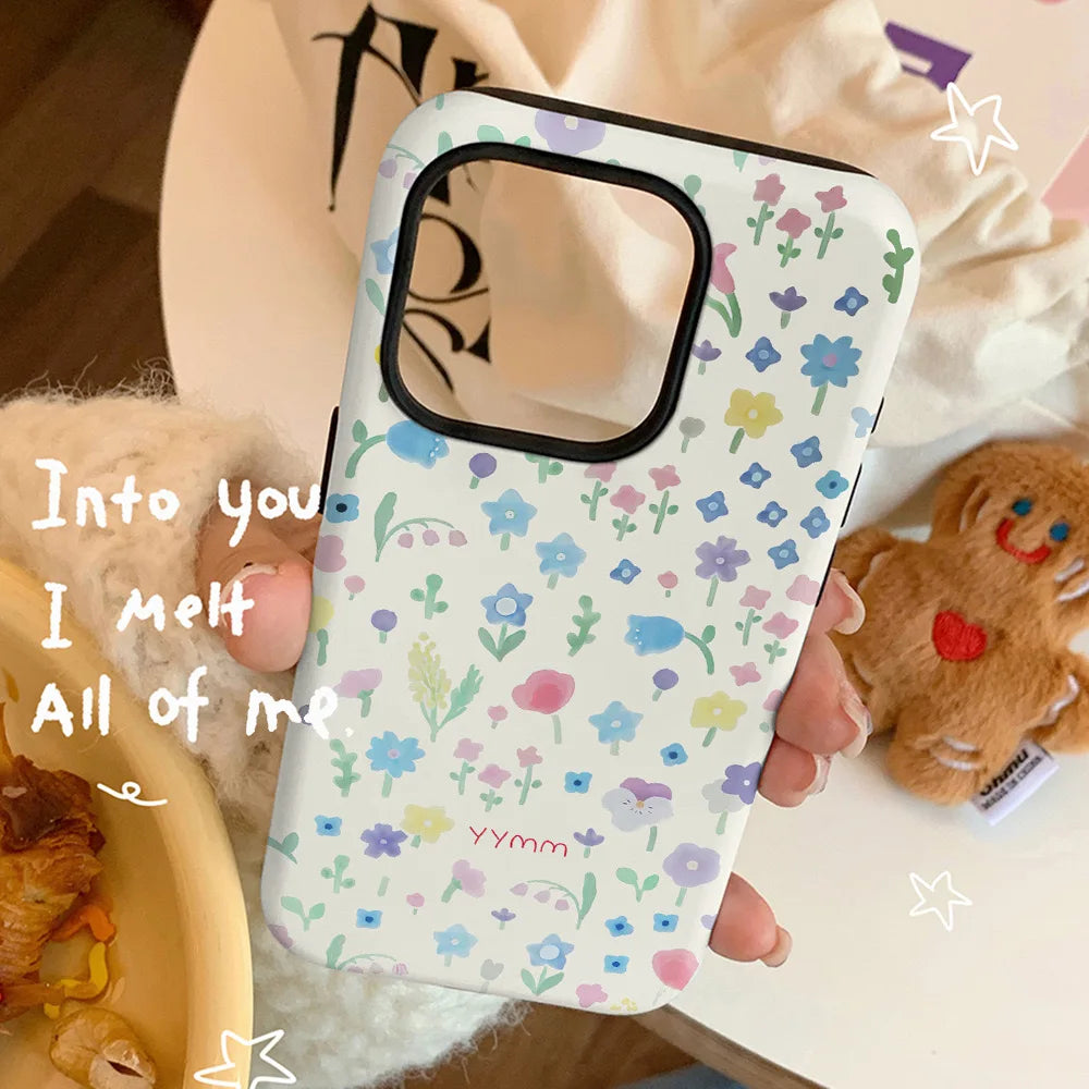 Korean Ins Full Screen of Shattered Flowers Case for IPHONE 16 ProMax 15 14 13 12 11 PRO Plus Acrylic TPU Two in One Phone Cases