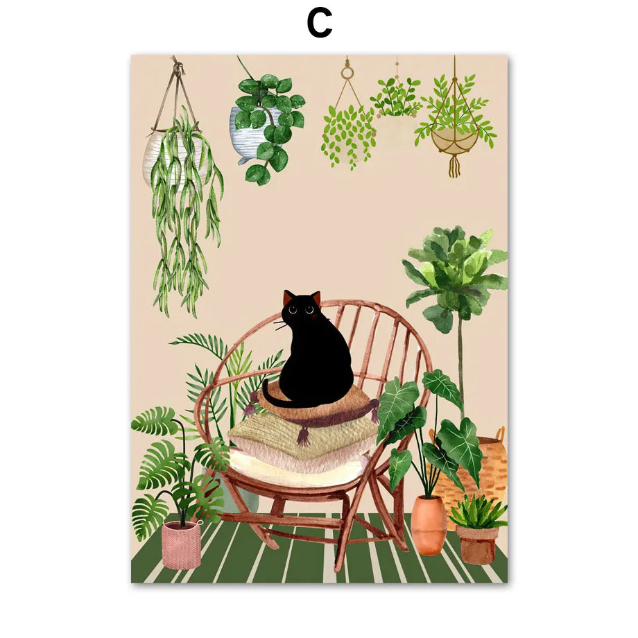 Abstract Green Plants Black Cat Wall Art Canvas Painting Aesthetics Posters And Prints Wall Pictures For Boho Living Room Decor