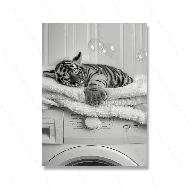 Cute Giraffe Penguin Tiger in Washing Machine Poster Laundry Room Decor Picture Funny Laundry Wall Art Utility Room Print Canvas