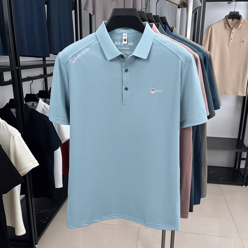 Luxury fashion men's short sleeve polo shirt summer new trend brand symbol embossed silky smooth loose breathable lapel T-shirt