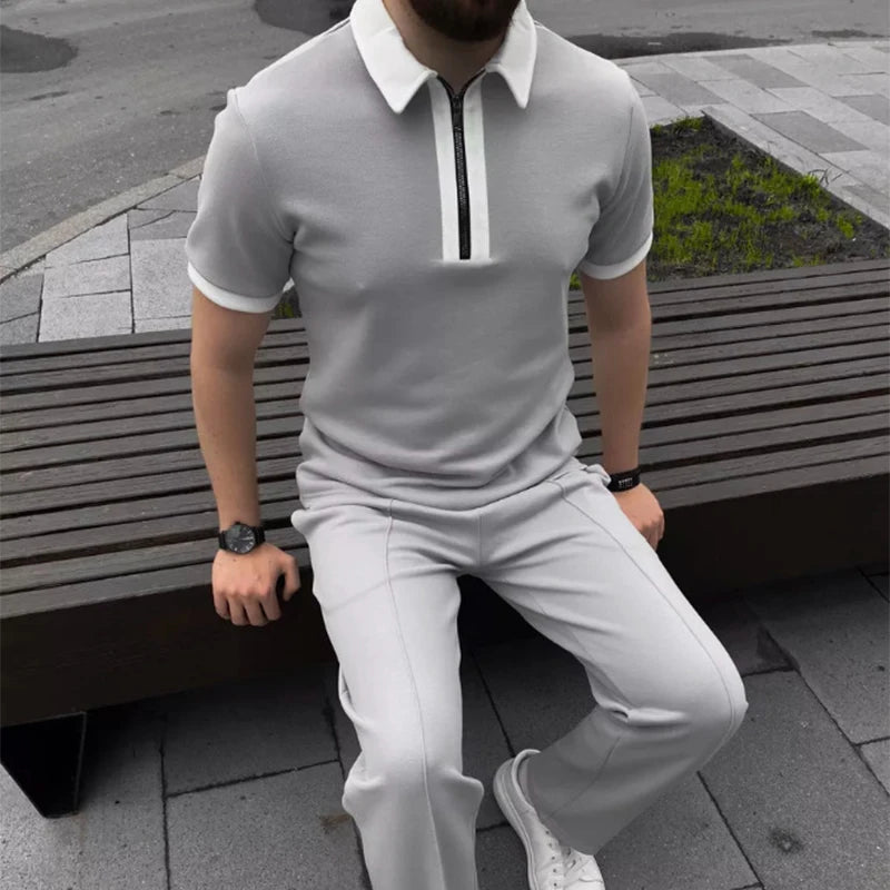 Daily Casual Mens Short Sleeve Outfits Spring Summer Leisure Zipper Lapel Polo Shirt And Pants Two Piece Sets Men Vintage Suits