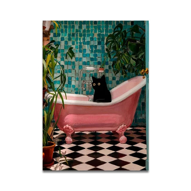 Bathroom Cat Reading on Toilet Canvas Wall Art Print Poster Funny Animal Decor Painting Home Decor Gift Unframed