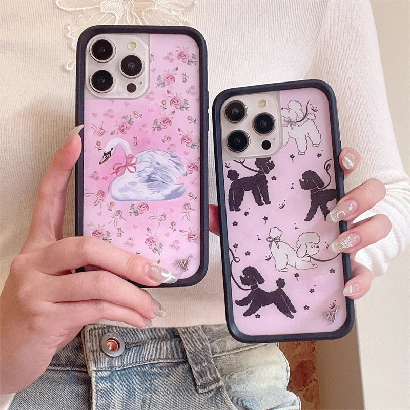 Wildflower 3D Sweet Swan Lake Phone Case for iPhone 16 15 14 13 12 Pro Max Plus 16pro 15pro Ins Puppy WF Cute Cartoon Cover