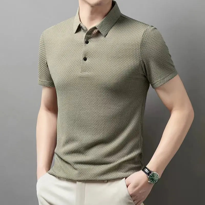 2025 Men's Business Casual Short Sleeved Bone Flower Solid Color POLO Shirt Fashion Breathable Comfortable Summer Versatile Top