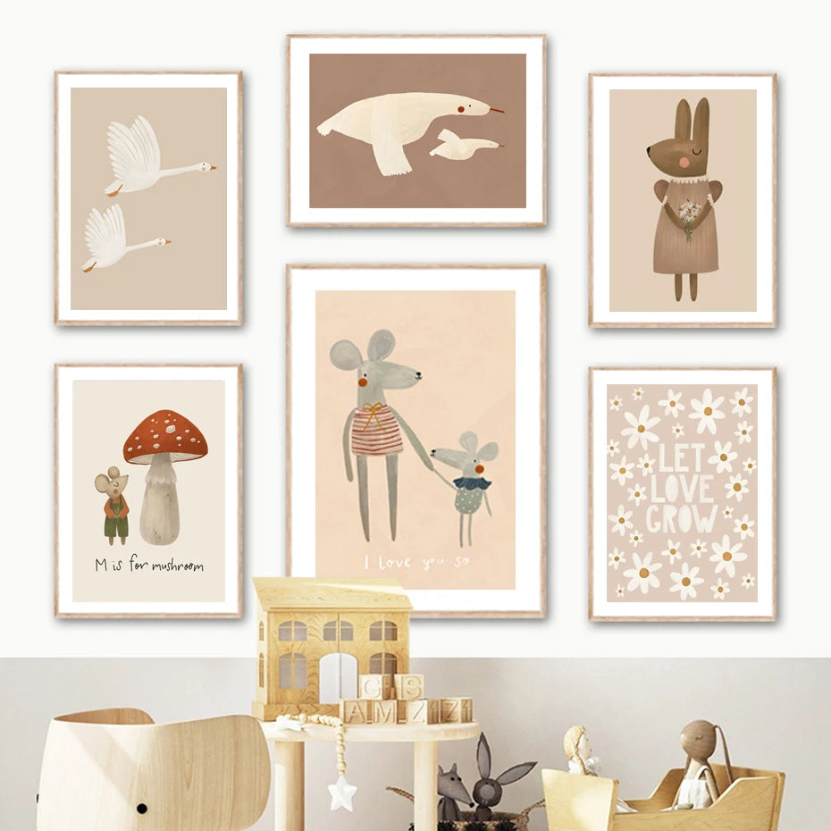 Boho Cartoon Rabbit Mouse Goose Nursery Wall Art Canvas Painting Nordic Retro Poster Prints Wall Picture Baby Kids Room Decor