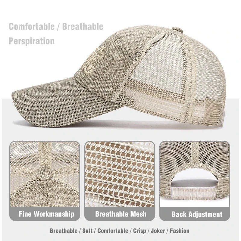 New Fashion Outdoor Sport Baseball Cap Casual Snapback Hats linen mesh fabric embroidery Suitable for spring summer and autumn