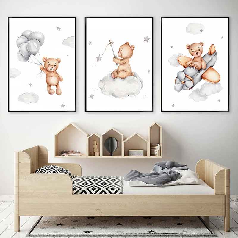 Watercolor Cute Teddy Bear and Rabbit Nursery Wall Art Posters and Prints Canvas Paintings Mural Pictures for Baby and Kids Room