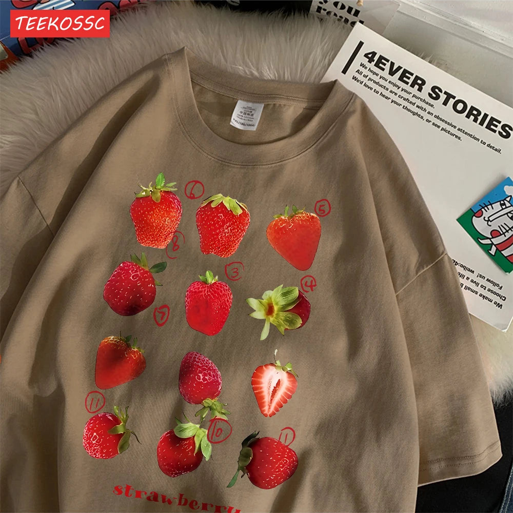 100% Cotton Women T-shirt Cute Fresh Strawberries Printed Tee Shirt Summer Comfortable Loose Tops Street Fashion Female Clothes