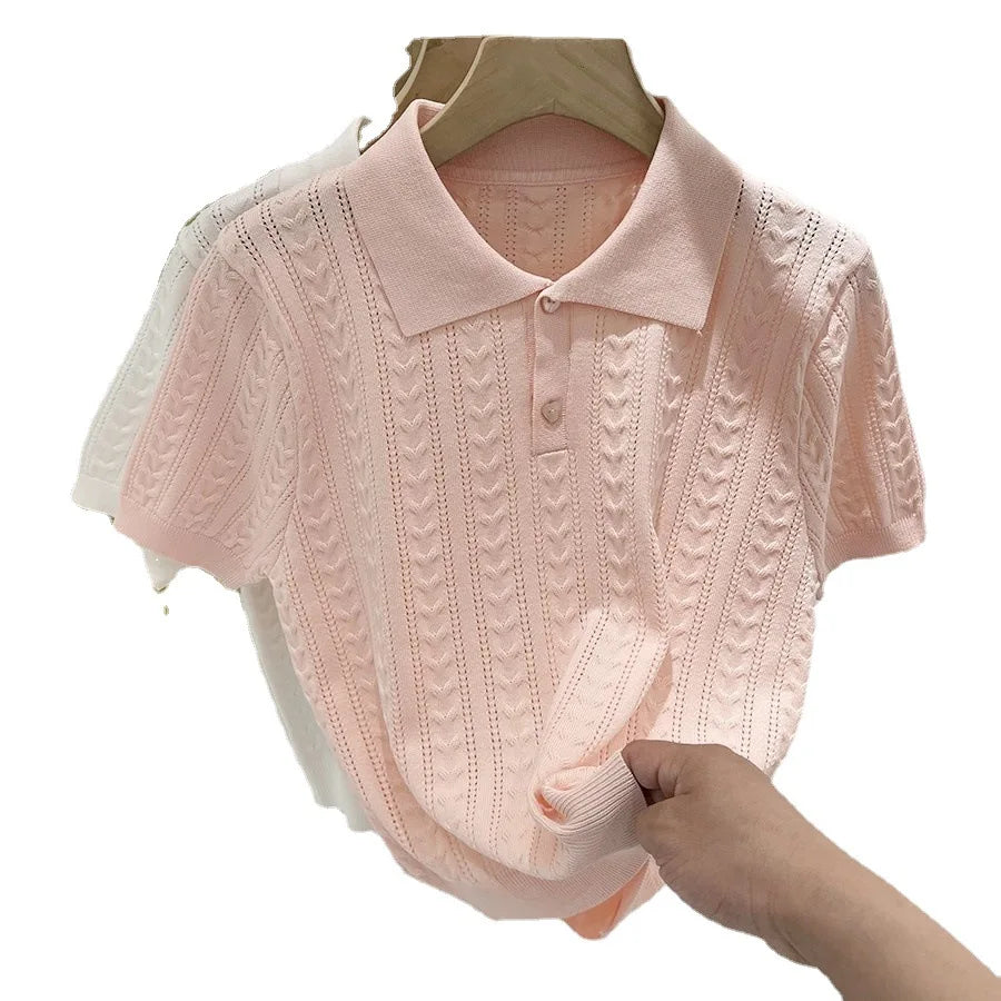 Summer Soft and Sticky POLO Collar Ice Silk Knitted Sweater for Women with A Niche Short Sleeved Design and Thin Top
