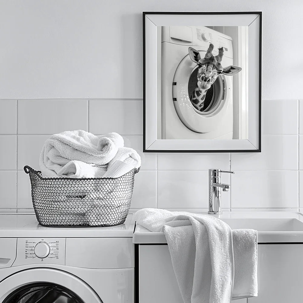 Cute Giraffe Penguin Tiger in Washing Machine Poster Laundry Room Decor Picture Funny Laundry Wall Art Utility Room Print Canvas