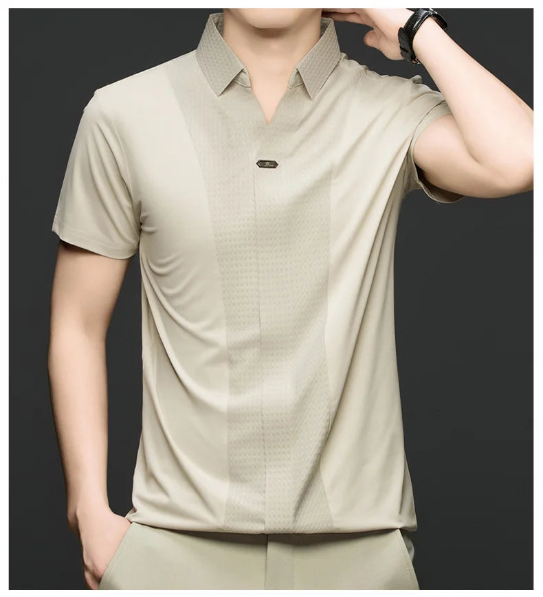 Personality jacquard splicing short sleeve Polo shirt men ice silk breathable high quality fashionable buttonless V-neck T-shirt