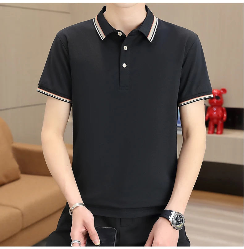 2025 Summer Casual Super Stretch Polo T-Shirt Men Turn Down Collar Slim Fit Solid Color Golf Top For Men Plus Size 4XL