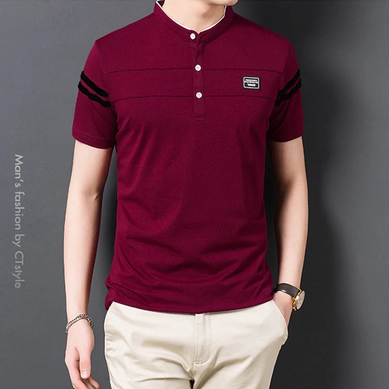 2025 Men's Casual Fashion Solid Color Short Sleeved Polo Shirt Stand Up Collar Versatile Comfortable Top