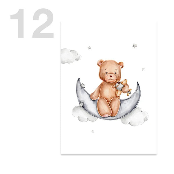 Watercolor Cute Teddy Bear and Rabbit Nursery Wall Art Posters and Prints Canvas Paintings Mural Pictures for Baby and Kids Room
