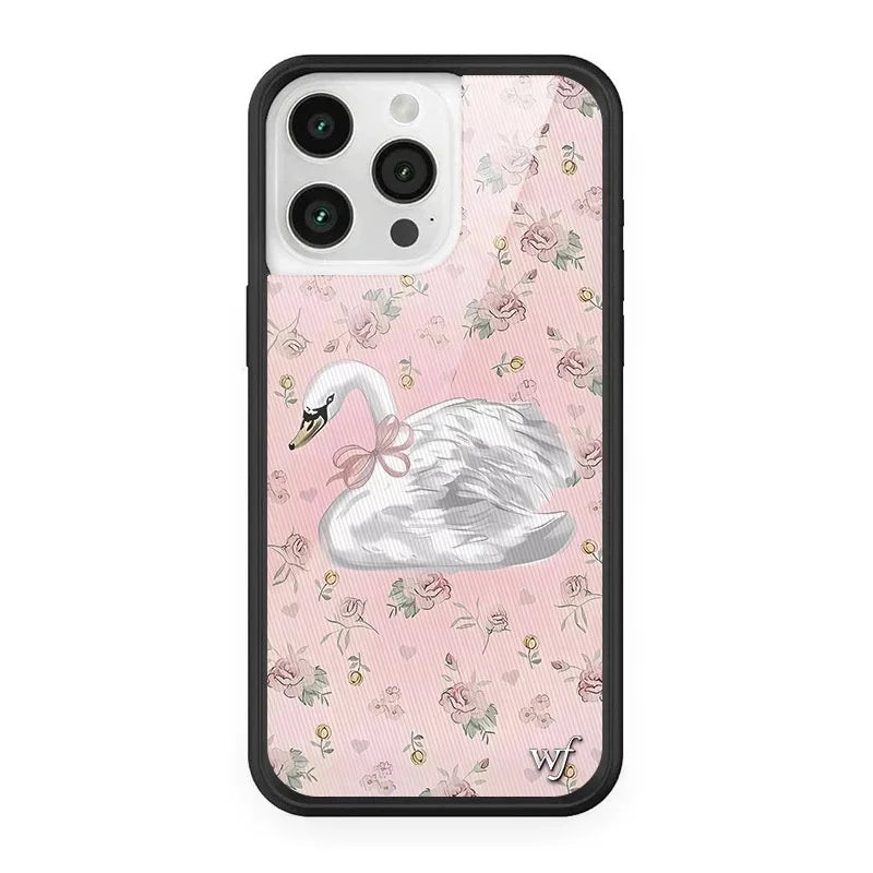 Wildflower 3D Black Swan Phone Case for iPhone 12 13 14 15 16 Pro Max Plus Fashion Sweet-Swan Lake Soft Edge Back Cover Cases