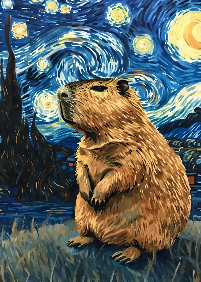 Starry Night Cute Animals Poster Cat Dog Axolotl Platypus Canvas Painting Abstract Wall Art Exhibition Living Room Home Decor