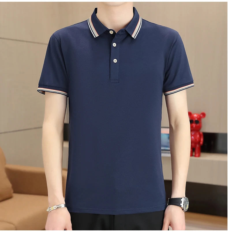 2025 Summer Casual Super Stretch Polo T-Shirt Men Turn Down Collar Slim Fit Solid Color Golf Top For Men Plus Size 4XL