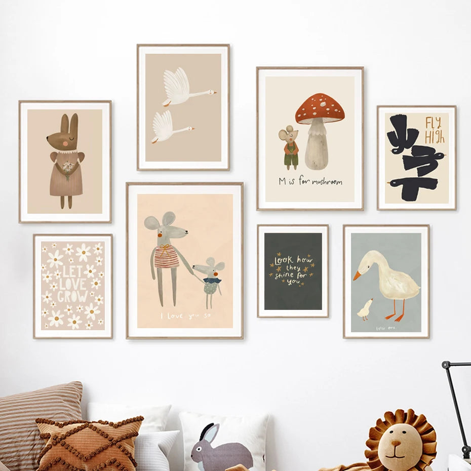 Boho Cartoon Rabbit Mouse Goose Nursery Wall Art Canvas Painting Nordic Retro Poster Prints Wall Picture Baby Kids Room Decor