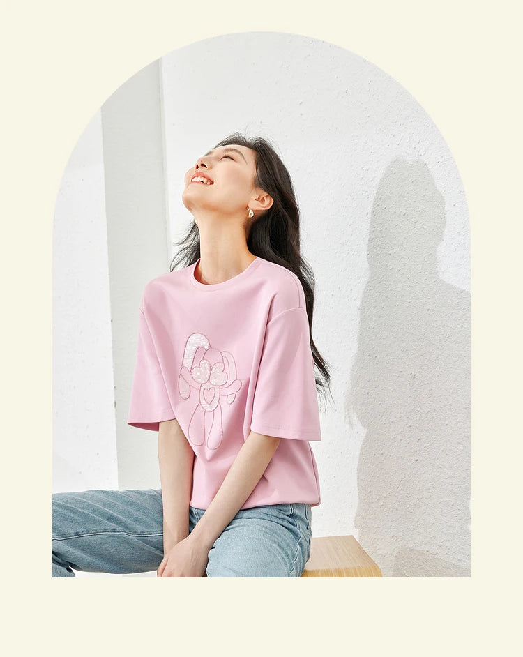 Vimly Summer Short Sleeve Women's T-shirt Simple Round Neck Straight Loose Casual Embroidery Cotton Top Basic Tees M5617