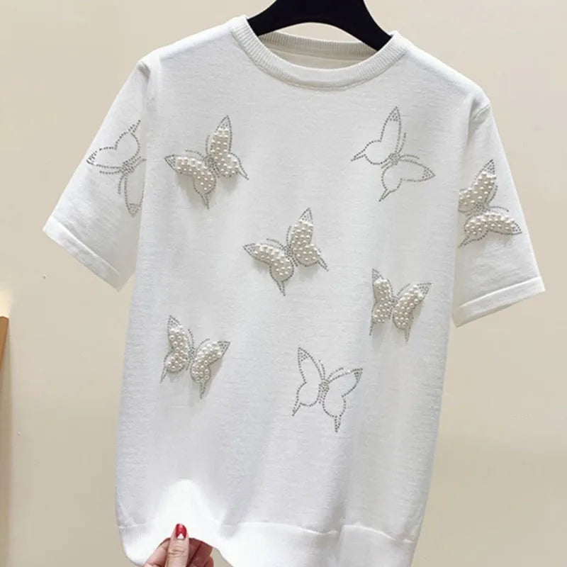 Women Clothing Chic Bow Knot Embroidered Flares T-shirt Summer Elegant O-neck Short Sleeve Knit Top Tee Office Lady Pullovers